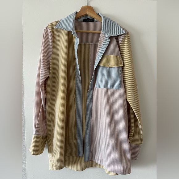Tops - Striped Multi-Color Shirt Jacket - Pastel Yellow, Blue & Pink